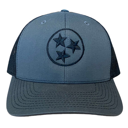 Grey trucker style hat with black mesh sides, tristar emblem embroidered in black
