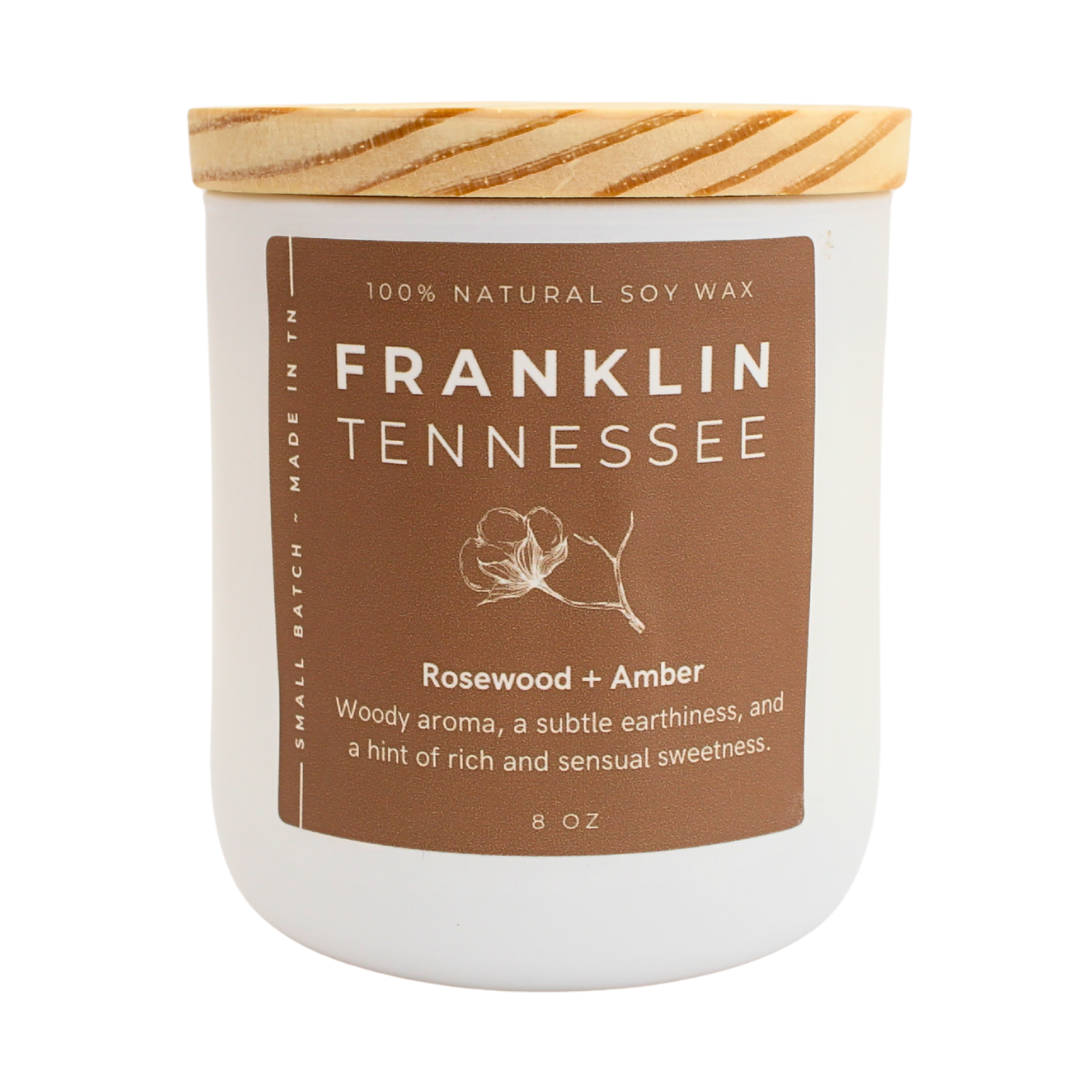 8 oz 100% soy wax candle in rosewood and amber