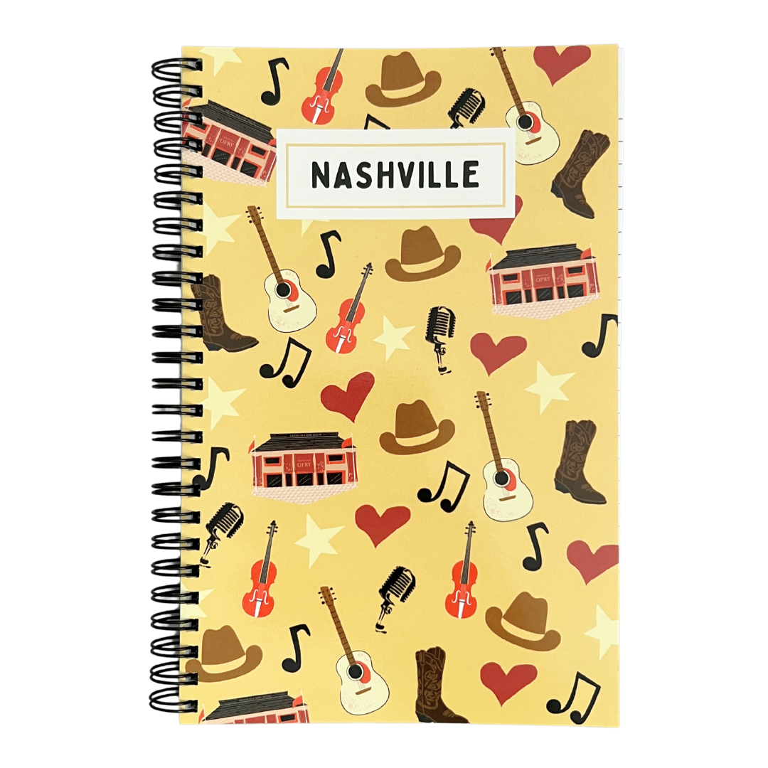 Country music themed spiral bound lined notebook.
