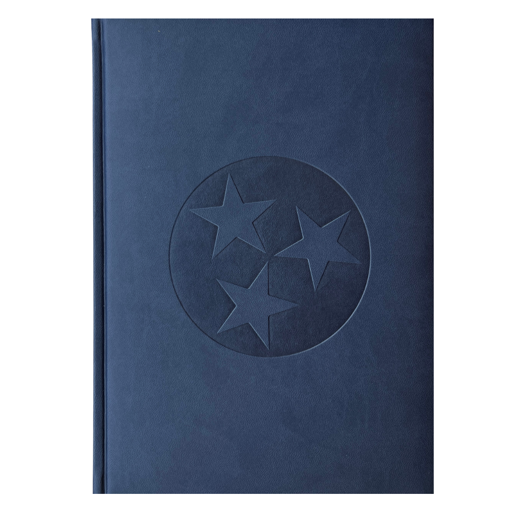 Navy Tristar Faux Leather Notebook, lined white paper.
