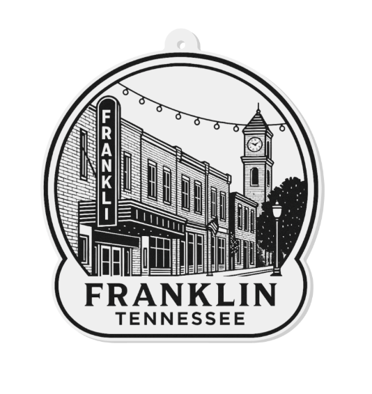 Clear acrylic ornament of Main St Franklin.