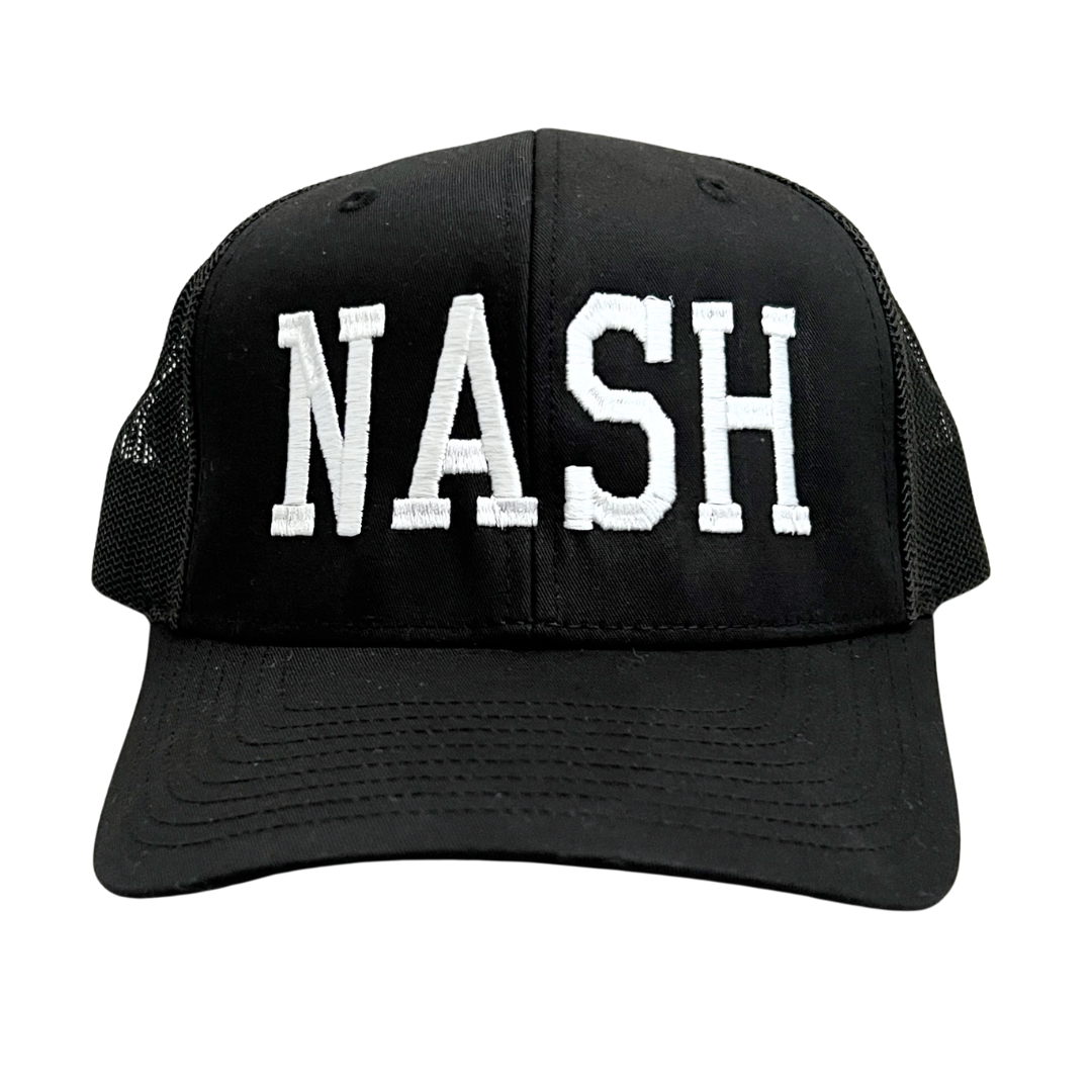 Black trucker style hat with mesh sides, NASH embroidered in white. 