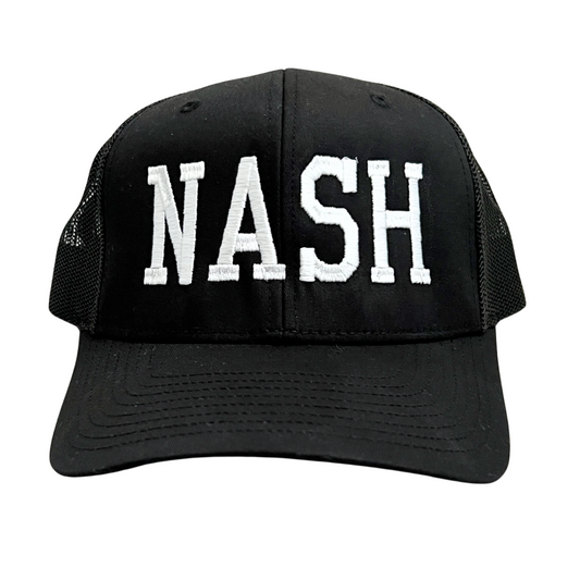 Black trucker style hat with mesh sides, NASH embroidered in white. 