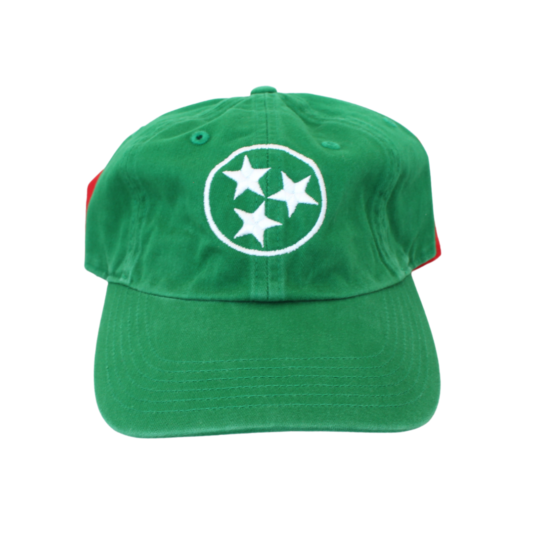 White stitched Tristar emblem on a bright green washed chino hat.