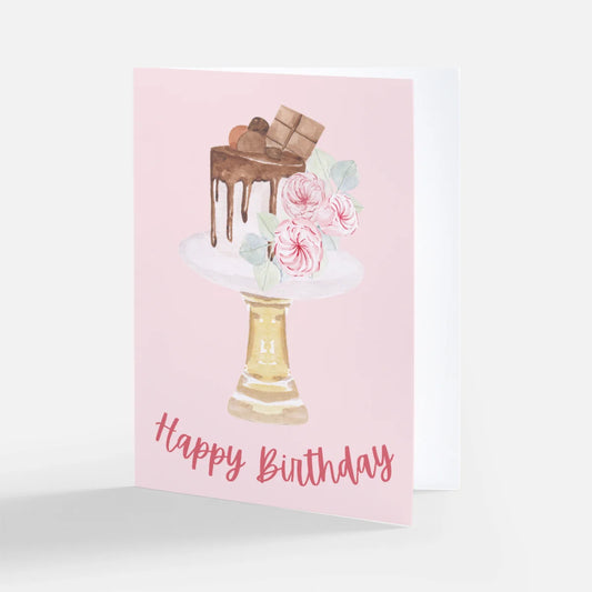 Happy Birthday Watercolor Cake Pink Individual Greeting Card