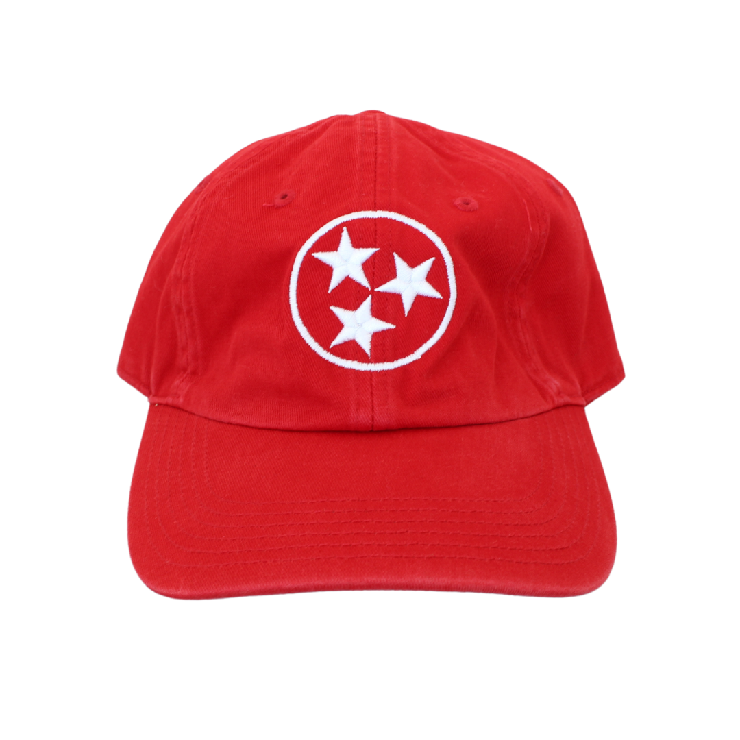 White stitched Tristar emblem on a red washed chino hat.