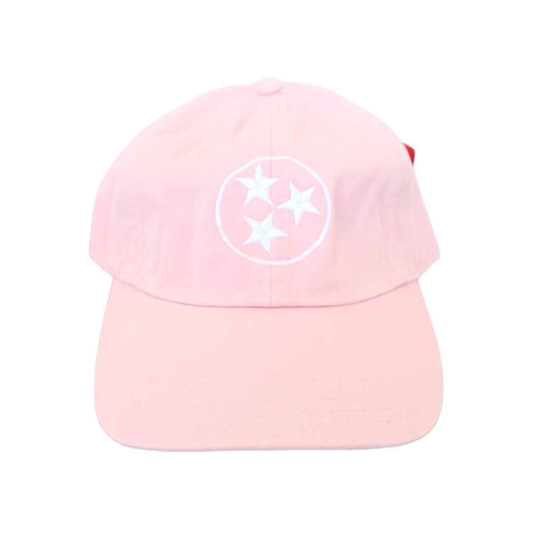 White stitched Tristar emblem on a light pink washed chino hat.