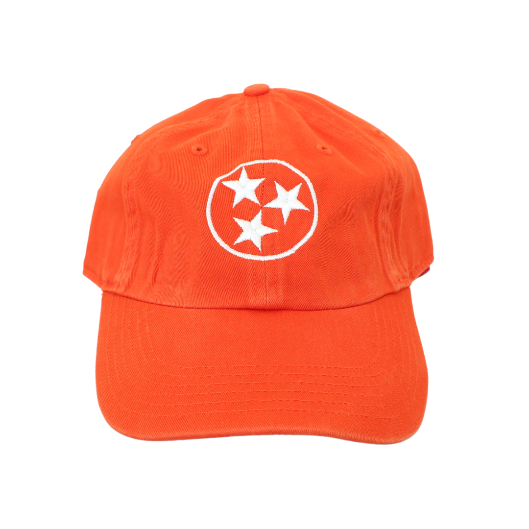 White stitched Tristar emblem on a tennessee orange washed chino hat.