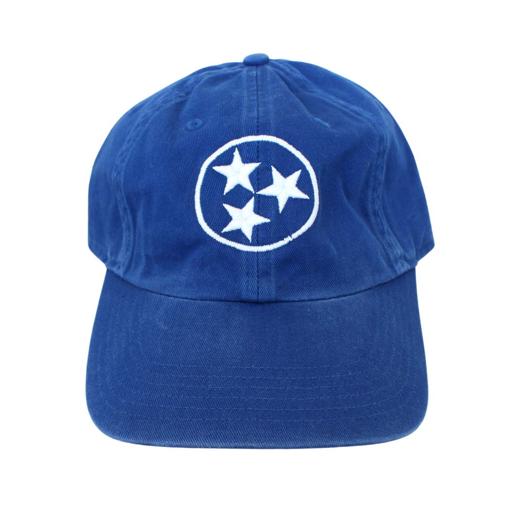White stitched Tristar emblem on a royal blue washed chino hat.