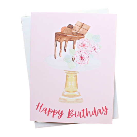 Happy Birthday Watercolor Cake Pink Individual Greeting Card