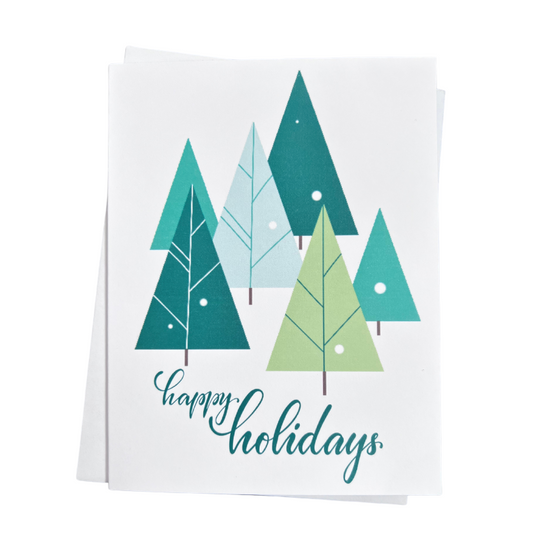 Happy Holidays Geometric Green Trees Individual Greeting Card